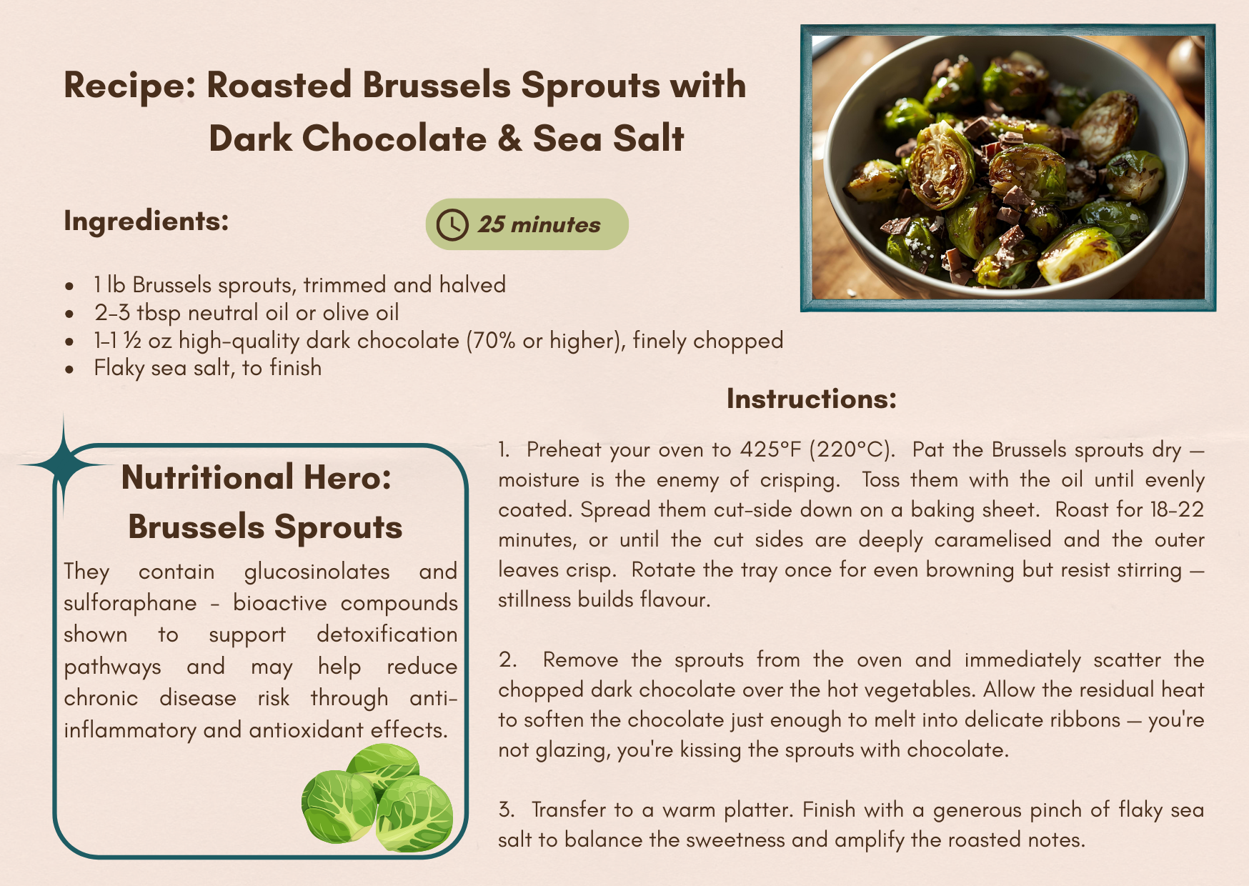 Roasted Brussels Sprouts with Dark Chocolate & Sea Salt