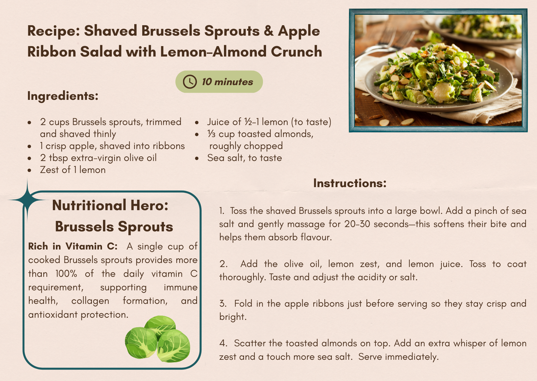 Shaved Brussels Sprouts & Apple Ribbon Salad with Lemon-Almond Crunch