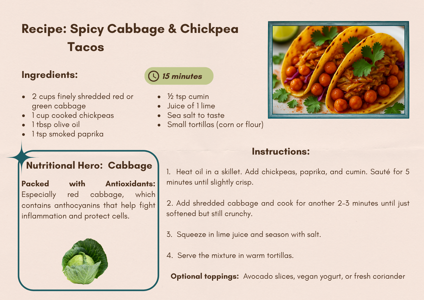 Spicy Cabbage & Chickpea Tacos